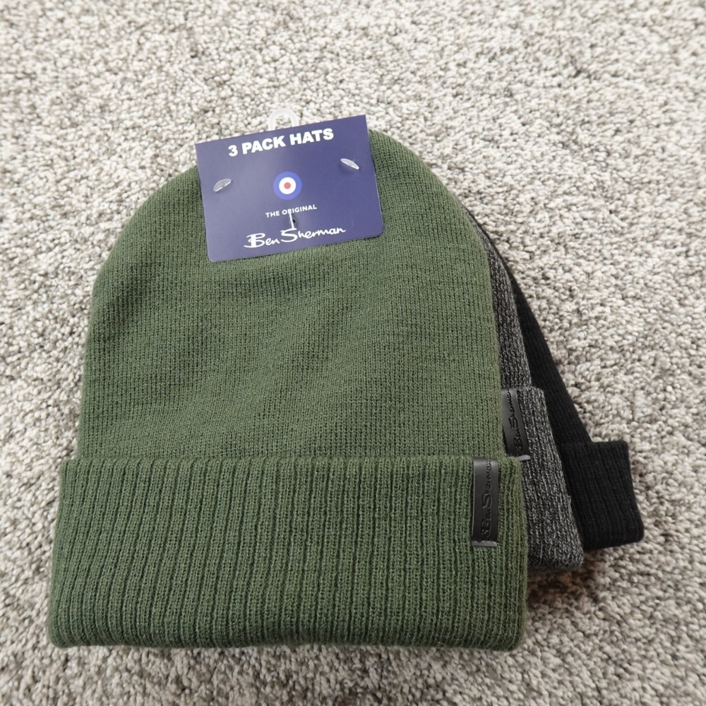 NEW Ben Sherman Hat Beanie Cap Mens One Size Green Black Gray Knit 3 Pack Warm